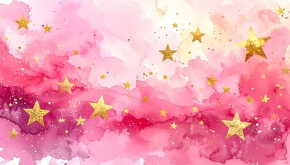 Soft pink watercolor design with golden stars and shimmering glitter