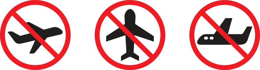 Set of No Flying Sign Vector Illustration Isolated on Transparent Background Airplane Ban Aviation Forbidden Fly Restricted Stop Transportation Travel Warning Zone