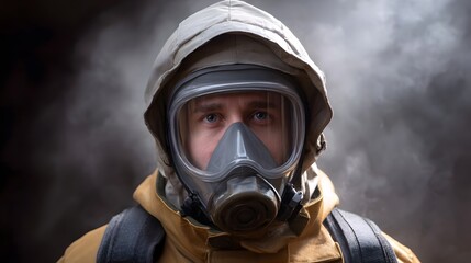 Fototapeta premium Close up of a person wearing a gas mask and protective suit with eyes visible through the visor amidst atmospheric smoke