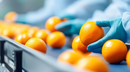 Workers in protective clothing carefully sort oranges on a conveyor belt in a vibrant packing facility, ensuring the quality of the harvested fruits