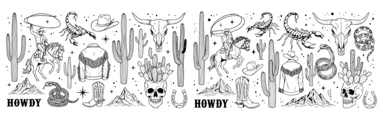 Cowboy essentials western icons, bull skull, cactus skull, scorpion, snake, boots, fringe jacket, rodeo, desert theme © MD