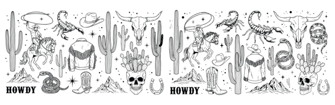 Cowboy essentials western icons, bull skull, cactus skull, scorpion, snake, boots, fringe jacket, rodeo, desert theme