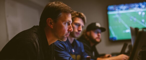 The coaching team intensely analyzes game footage filled with hope and determination.