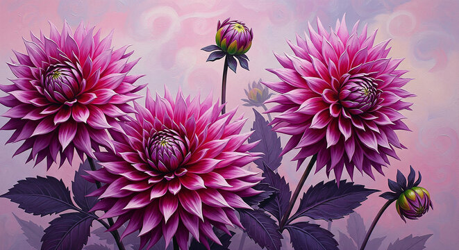 Oil Painting of Magenta and Purple Dahlia Flowers  3D relief wallpaper for mural wall art, canvas print, wall decor painting design