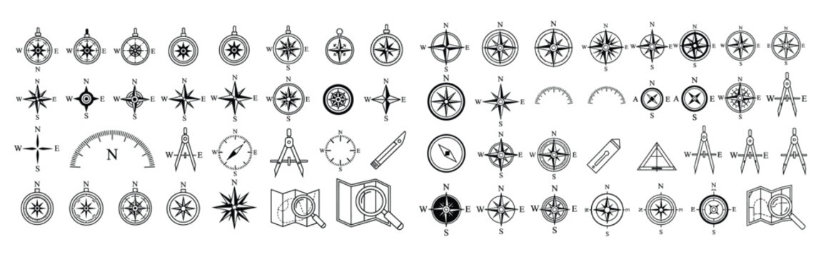 Compass rose icons navigation direction markers surveying tools map navigation drawing instruments set