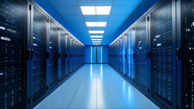 Data center hallway perspective with rows of server racks and blue lighting reflecting on the tiled floor