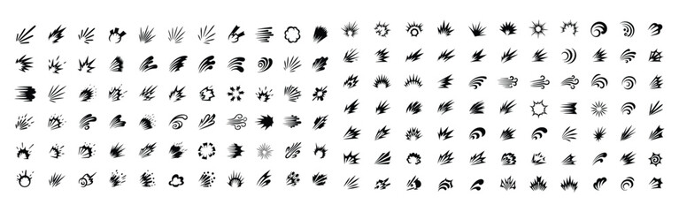 Explosion effects, impact bursts, speed lines, wind gusts, comic book action signs, graphic element icon set collection © MD