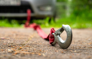Tow rope for the car.A breakdown on the road.Towing the car.