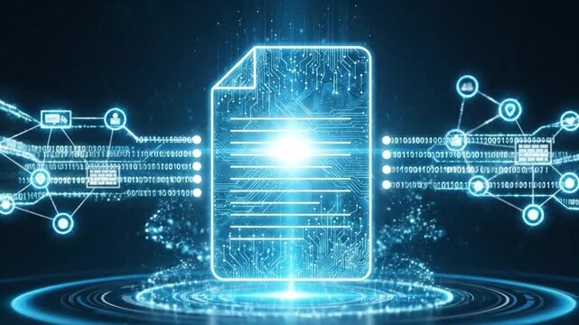 Document checkmark glowing for regulatory compliance and secure data.