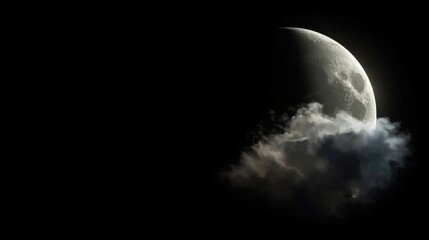 Half moon behind clouds on a dark night sky. Lunar phase and celestial event concept.