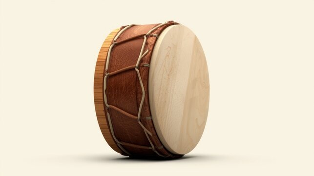 Side view of a daf drum with brown leather and wooden frame, isolated on white backdrop.