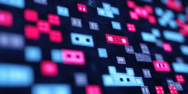 Pixelated neon pattern digital display with blue and pink light blocks creating futuristic abstract technology atmosphere and energetic mood