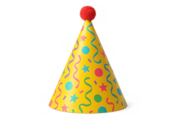 Yellow party hat with colorful confetti and streamer patterns, a festive cone for birthday celebrations and events
