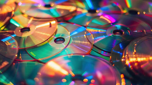 This features a variety of colorful CDs and DVDs piled together on a surface. The CDs are scattered randomly with different colors and reflective surfaces, creating an abstract pattern.