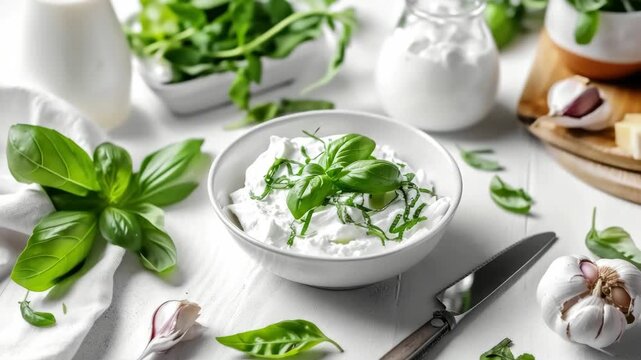A bowl of freshly made pesto sauce with chopped basil leaves and whole garlic bulbs around it. The pesto is the centerpiece of this