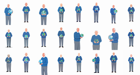 Collection of elderly men illustrations holding a world globe, symbolizing global care, environmental awareness, geography, and future planning.