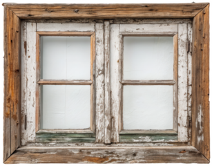 Weathered and rustic wooden window frame with chipped, peeling white paint and six panes of frosted glass, presented in a closed position against a plain white, isolated on transparent background.