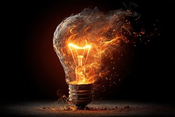 Broken molten light bulb with fiery filament and burning glass explosion