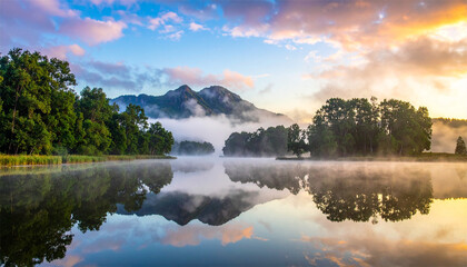 reflection at dawn, serene water 