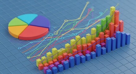 Colorful 3d bar graph and pie chart showing financial data analysis and growth trends on a blue grid background