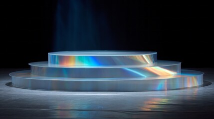 A stunning holographic display platform radiates colorful light effects, creating a magical atmosphere perfect for holiday celebrations. The scene evokes joy and wonder