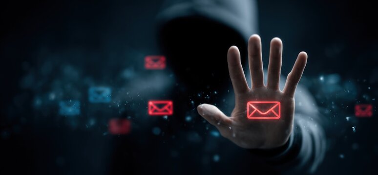 A hand with glowing red email icons floating around it in a dark background.