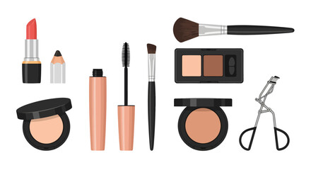 Complete set of essential makeup and cosmetic products for beauty routines, featuring lipstick, mascara, eyeshadow, brushes, powder, and an eyelash curler, isolated