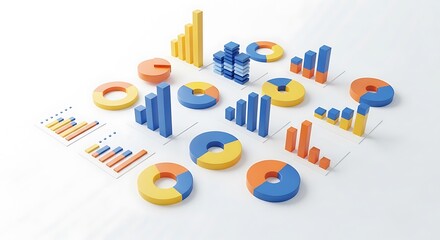 A collection of colorful 3d bar charts and donut charts, representing data and analytics, isolated on white background