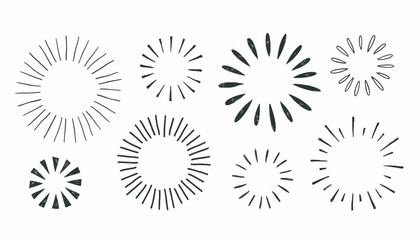 A diverse collection of hand-drawn sunburst and starburst designs, perfect for adding a radiant, energetic, and celebratory decorative flair to any creative project, enhancing visual appeal