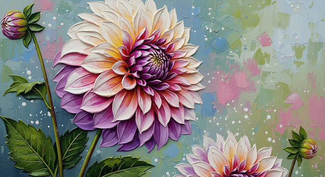 Oil Painting of Peach and Pink Dahlia Flowers 3D Wallpaper for cover, mural wall art, invitation, poster, canvas print, wall decor painting design