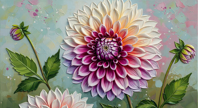 Oil Painting of Peach and Pink Dahlia Flowers 3D Wallpaper for cover, mural wall art, invitation, poster, canvas print, wall decor painting design