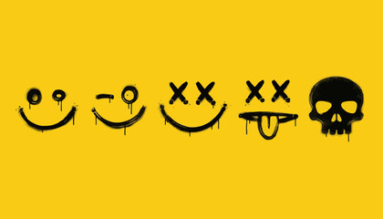 Graffiti-style smiley face emojis with melting effect and skull, set against a vibrant yellow background, representing a dark humor theme