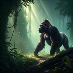 A large gorilla standing proudly in a tropical jungle, deep green background, dramatic lighting