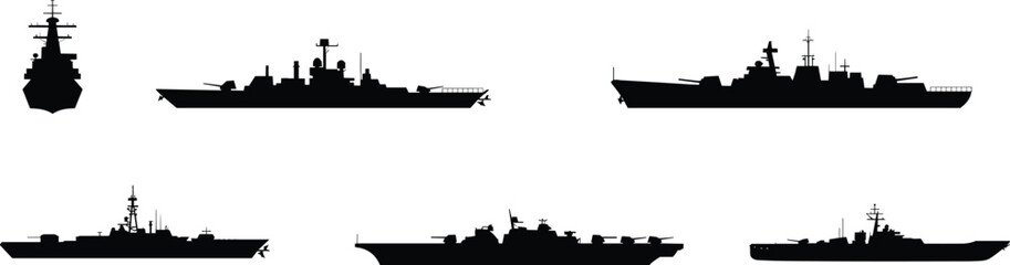 Military warship silhouette set illustration showing naval destroyers and battleships profiles, maritime defense fleet concept, black and white vector © Akhi's orld