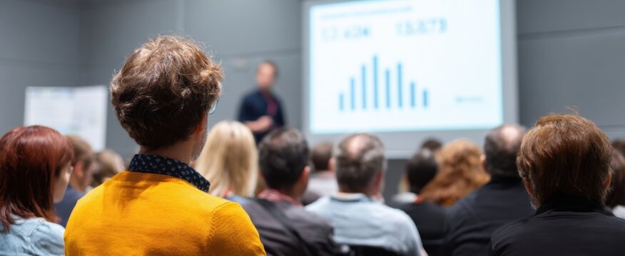 crowd jotting down info as speaker displays large figures on screen - Powered by Adobe