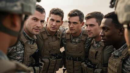 Group of Male Soldiers Engaged in Tactical Discussion During Military Training Exercise - Powered by Adobe