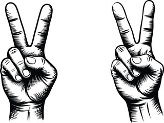 Peace hand gesture illustration set, victory sign symbol with detailed vintage engraving style, expressive black and white line art