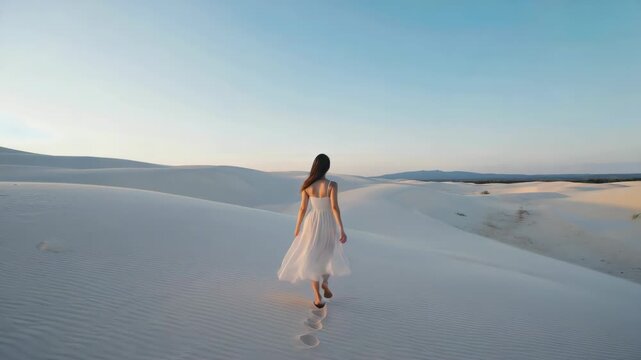 A woman in a white wedding gown is captured mid-stride, her skirt blowing in the wind as she walks across sandy desert dunes. The sky is painted with hues of orange and blue