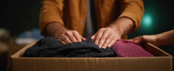 Gentle hands carefully placing colorful clothes into a sturdy cardboard charity box