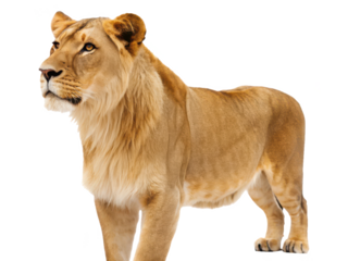 Majestic golden-maned African lioness with a powerful build and intense gaze, captured in a side profile pose against a stark white background, showcasing her, isolated on transparent background.