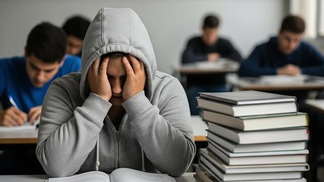 Struggling Teen Student in Classroom with Books While Taking Exam Stressful Study Environment