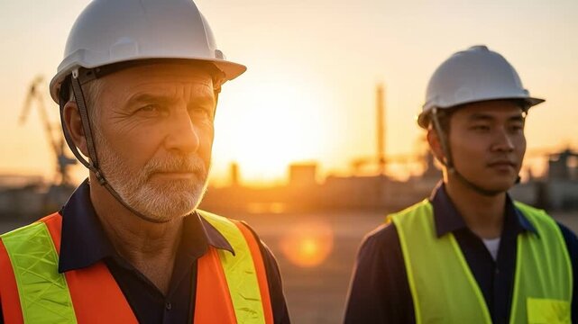 Construction Industry Professionals Overlooking Sunset at Job Site with Safety Gear