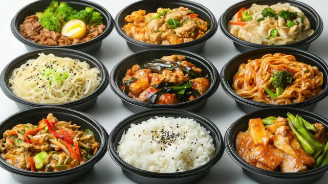 A variety of Chinese food in take-out bowls