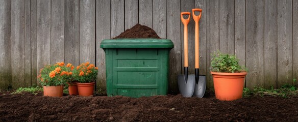 Compost bin and tools are neatly placed along the small garden's edge.