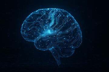 Glowing blue circuit board brain with neon lights on dark background