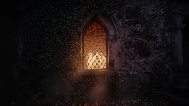Gothic arched window glowing with candlelight in an ivy-covered stone wall at night