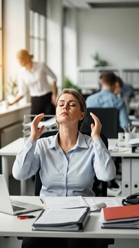 Stressed Male Office Worker with Head in Hands at Desk in Modern Workspace