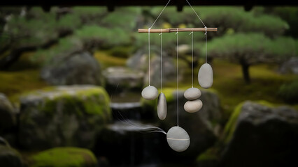 Zen garden wind chime made of stones and bamboo
