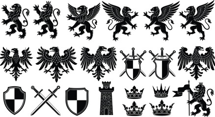 Heraldic medieval symbol collection, lions, griffins, eagles, shields, swords, crowns, castle tower, fantasy emblem set, flat vector illustration © Mehebub Creatives