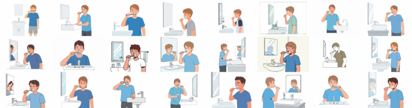 Vector set of young men and women brushing teeth in bathroom sink and mirror illustrations, depicting morning oral hygiene routine and dental care.